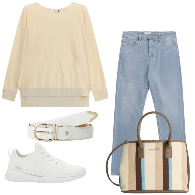 Outfit donna - La Dolcezza del Quotidiano. Stile Casual chic per Tutti i giorni. Abbinamento con sneakers, cinture, maglieria, jeans, shopping bag.