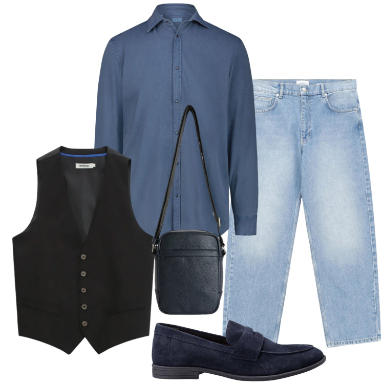Outfit uomo - Blue Dandy. Stile Casual per Tutti i giorni. Abbinamento con jeans, gilet, borse sportive, camicie, scarpe stringate.