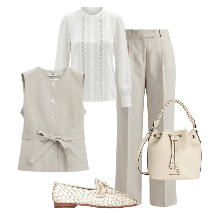 Outfit donna - Eleganza discreta. Stile Bon Ton per Tutti i giorni. Abbinamento con mocassini, camicie, gilet, borse a secchiello, pantaloni.