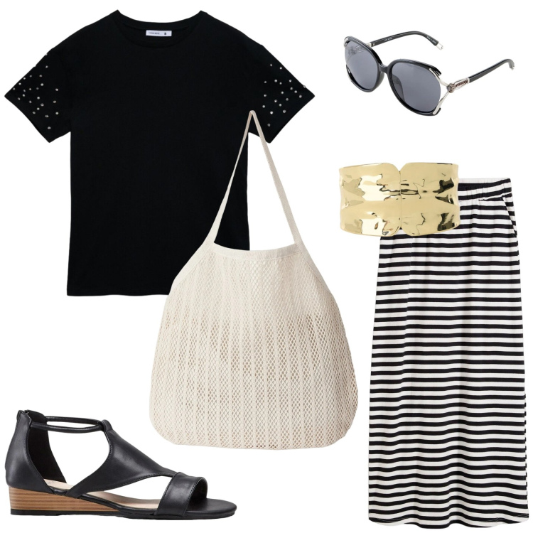 Outfit donna - In primavera. Stile Casual chic per Tutti i giorni. Abbinamento con sandali, gonne lunghe, occhiali da sole, shopping bag, t-shirt, braccialetti.