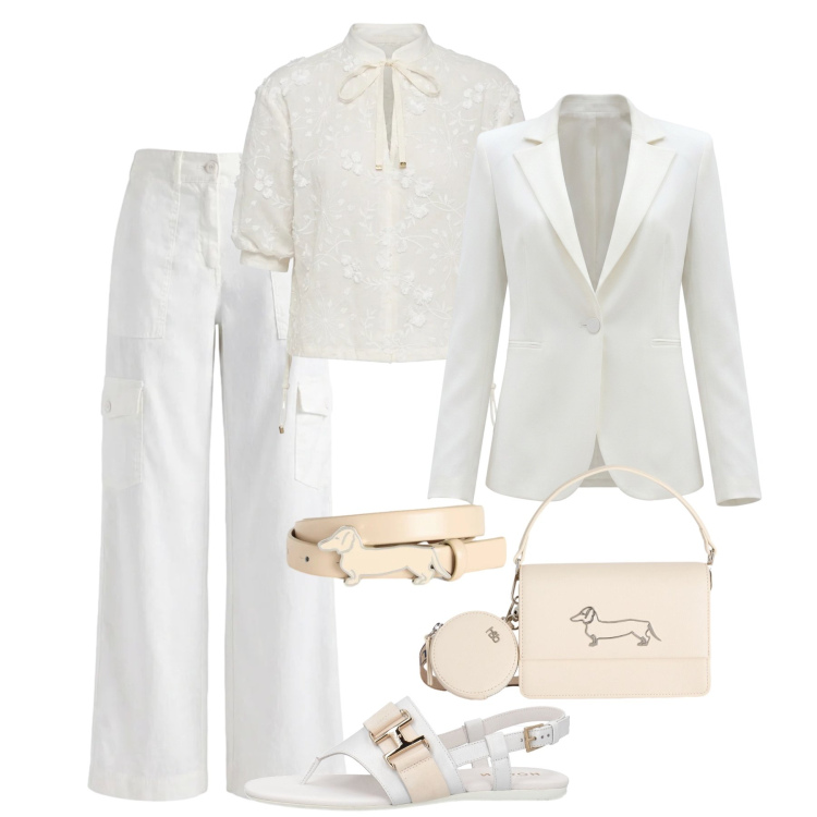 Outfit donna - Cloud dancer casual chic. Stile Casual chic per Tutti i giorni. Abbinamento con infradito, blazer, bluse, pantaloni cargo, cinture, borse a tracolla.