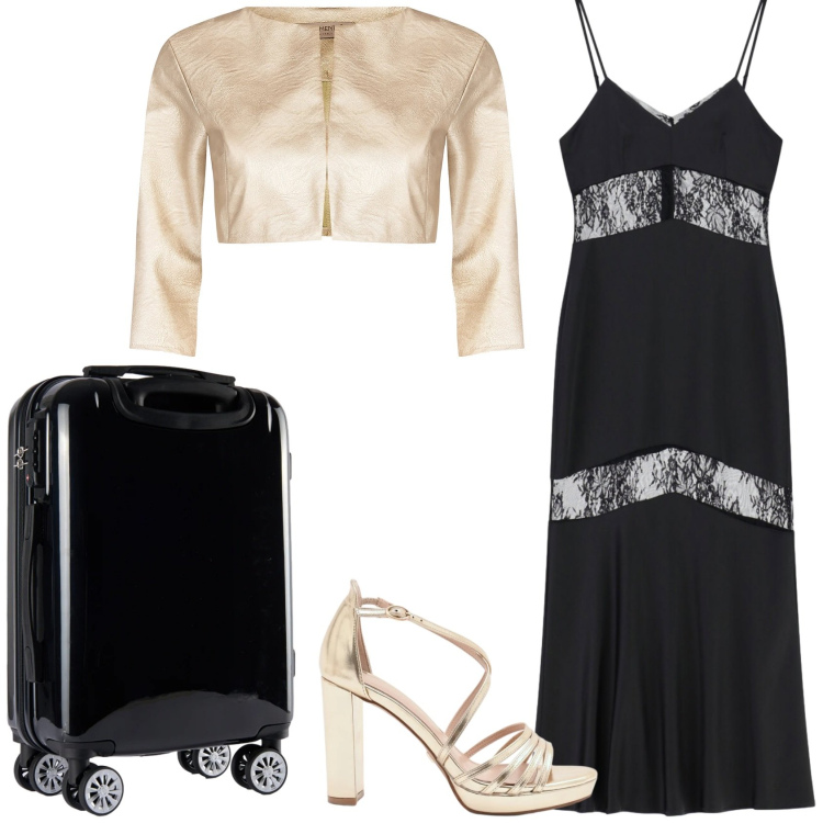 Outfit donna - L\'abito lungo con inserti in pizzo. Stile Glamour per Serata fuori. Abbinamento con vestiti lunghi, valigie, bolero, sandali col tacco.