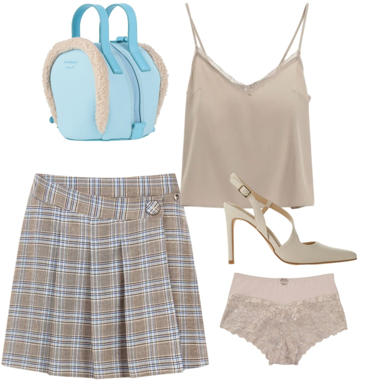 Outfit donna - Urban beige. Stile Casual chic per Serata fuori. Abbinamento con zaini, culotte, décolleté, canottiere, gonne.