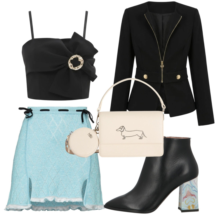 Outfit donna - Serata fashion. Stile Chic per Serata fuori. Abbinamento con borse a tracolla, top, blazer, stivaletti, minigonne.
