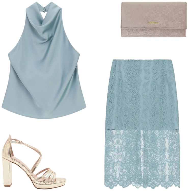 Outfit donna - Serata fuori. Stile Glamour per Serata fuori. Abbinamento con portafogli, top, gonne longuette, sandali col tacco.