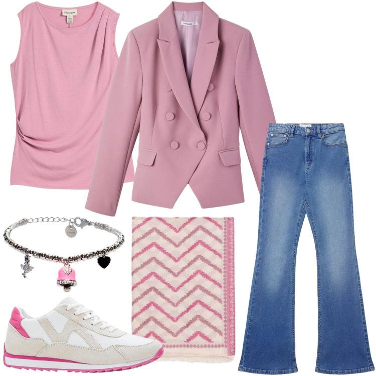 Outfit donna - Total look #2388308. Stile Basic per Tutti i giorni. Abbinamento con top, sneakers, jeans a zampa, blazer, foulard, braccialetti.