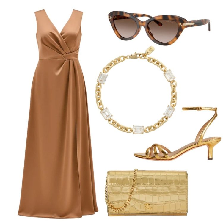 Outfit donna - Total look #2388312. Stile Glamour per Cerimonia. Abbinamento con vestiti lunghi, occhiali da sole, sandali in pelle, braccialetti, borse a tracolla.