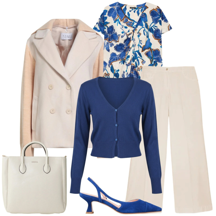 Outfit donna - Total look #2388314. Stile Bon Ton per Ufficio. Abbinamento con caban, décolleté, borse a tracolla, cardigans, bluse, pantaloni a palazzo.