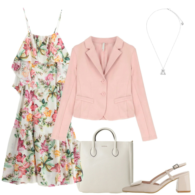 Outfit donna - Fiori in primavera. Stile Preppy per Tutti i giorni. Abbinamento con borse a tracolla, décolleté, blazer, vestiti lunghi, ciondoli.