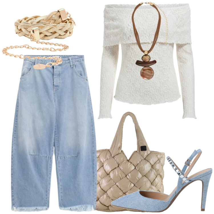 Outfit donna - Denim chiaro di primavera. Stile Glamour per Tutti i giorni. Abbinamento con décolleté, ciondoli, jeans, cinture, bluse, borse tote.