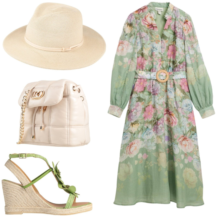 Outfit donna - Un abito per aprile. Stile Minimal per Tutti i giorni. Abbinamento con espadrillas, cappelli, valigie, vestiti midi/longuette.