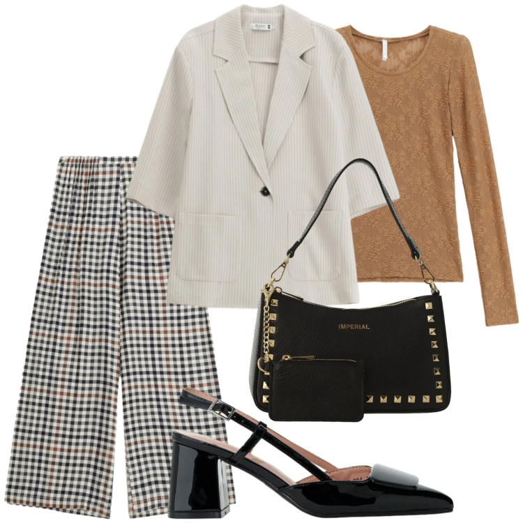 Outfit donna - I quadretti per i tutti i giorni. Stile Chic per Ufficio. Abbinamento con blazer, pantaloni a palazzo, borse a spalla, bluse, décolleté.