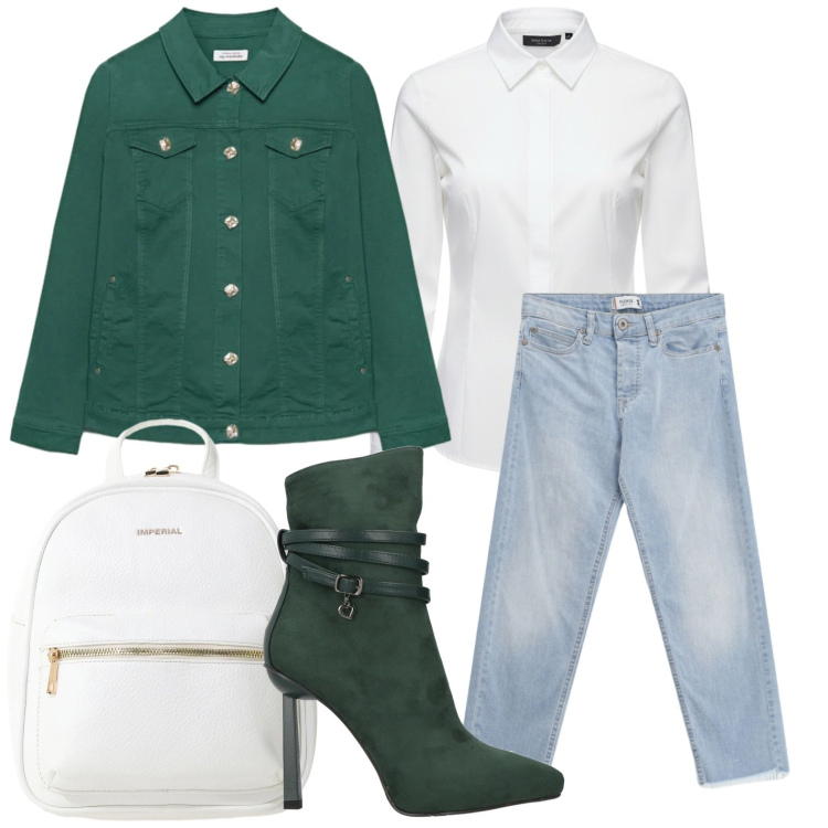 Outfit donna - Denim chiaro di primavera. Stile Casual chic per Ufficio. Abbinamento con stivaletti, zaini, blazer, camicie, jeans.
