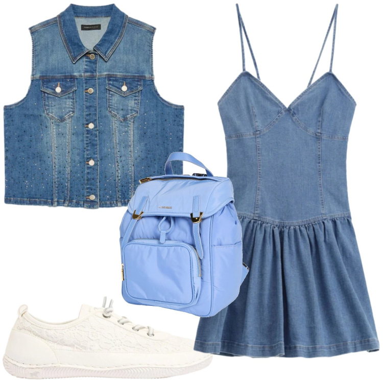 Outfit donna - Dress denim. Stile Casual per Tutti i giorni. Abbinamento con zaini, sneakers, gilet, vestiti corti.