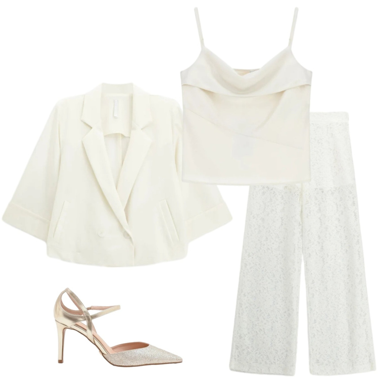 Outfit donna - Total White con i pantaloni di pizzo. Stile Trendy per Serata fuori. Abbinamento con pantaloni a palazzo, canottiere, blazer, décolleté.