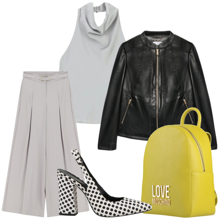 Outfit donna - Décolleté a pois. Stile Glamour per Tutti i giorni. Abbinamento con décolleté, zaini, blazer, top, pantaloni a palazzo.