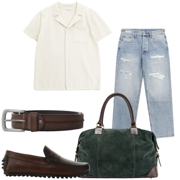 Outfit uomo - Pronto per la partenza. Stile Urban per Tutti i giorni. Abbinamento con jeans strappati, camicie a manica corta, scarpe stringate, cinture, borse sportive.