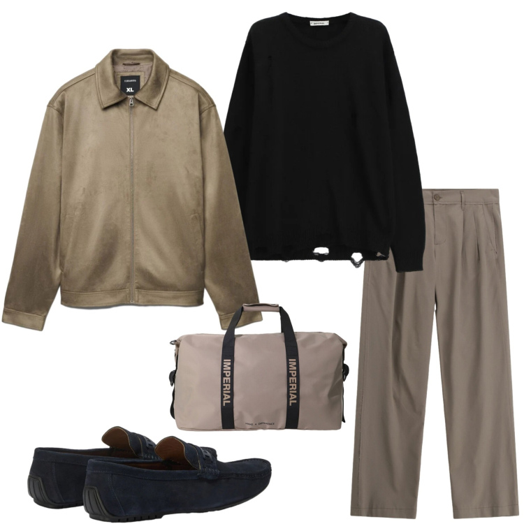 Outfit uomo - In viaggio. Stile Urban per Tutti i giorni. Abbinamento con giacche, pantaloni, maglieria, borse sportive, scarpe stringate.