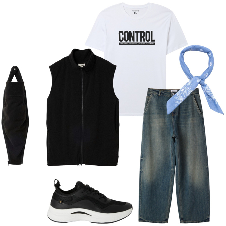 Outfit uomo - Control. Stile Casual per Serata speciale. Abbinamento con gilet, t-shirt, jeans, sneakers, sciarpe e foulard.