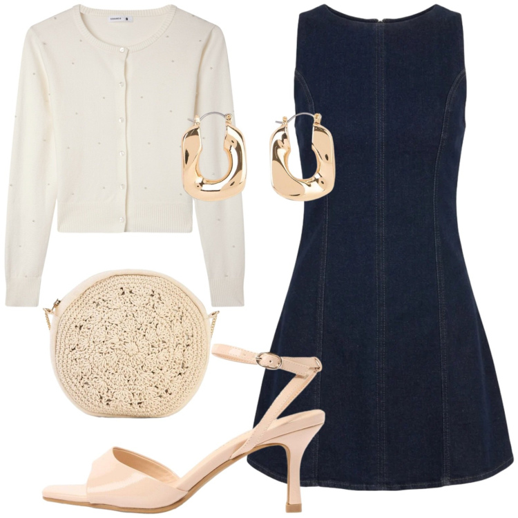 Outfit donna - Abito denim. Stile Casual chic per Tutti i giorni. Abbinamento con sandali col tacco, borse a tracolla, orecchini, vestiti corti, cardigans.