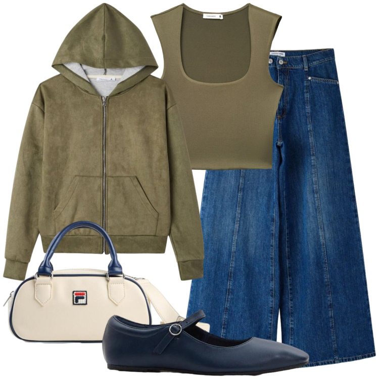 Outfit donna - Felpa con ca6. Stile Casual per Scuola/Università. Abbinamento con ballerine, borse a tracolla, jeans, top, felpe con cappuccio.