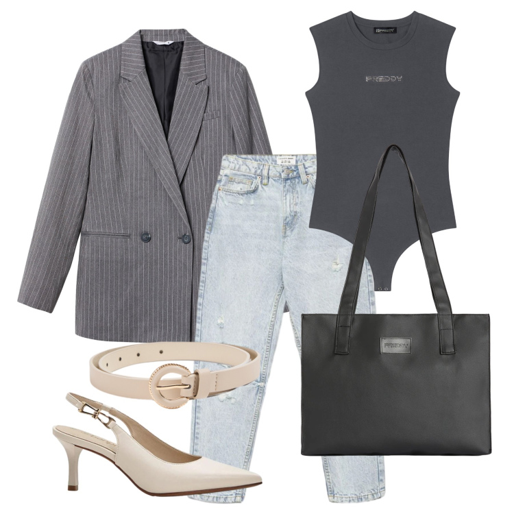 Outfit donna - Aprile. Stile Casual chic per Tutti i giorni. Abbinamento con décolleté, blazer, jeans mom, cinture, shopping bag, body.