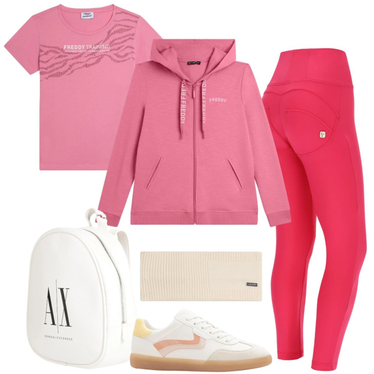 Outfit donna - Total look #2388420. Stile Sporty chic per Sport. Abbinamento con zaini, sneakers, felpe con cappuccio, t-shirt, pantaloni skinny, accessori per capelli.