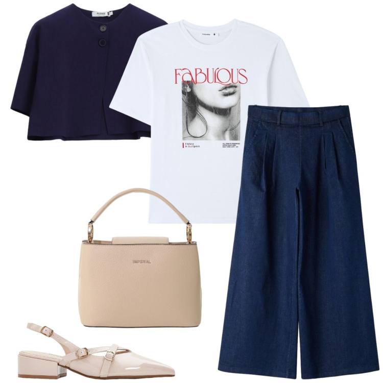 Outfit donna - Total look #2388422. Stile Casual chic per Tutti i giorni. Abbinamento con décolleté, t-shirt, jeans, borse a secchiello, cappotti.