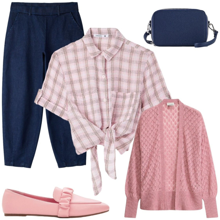 Outfit donna - ​Quadretti Rosa e Comfort Denim. Stile Casual chic per Tutti i giorni. Abbinamento con cardigans, mocassini, borse a tracolla, camicie a manica corta, jeans.