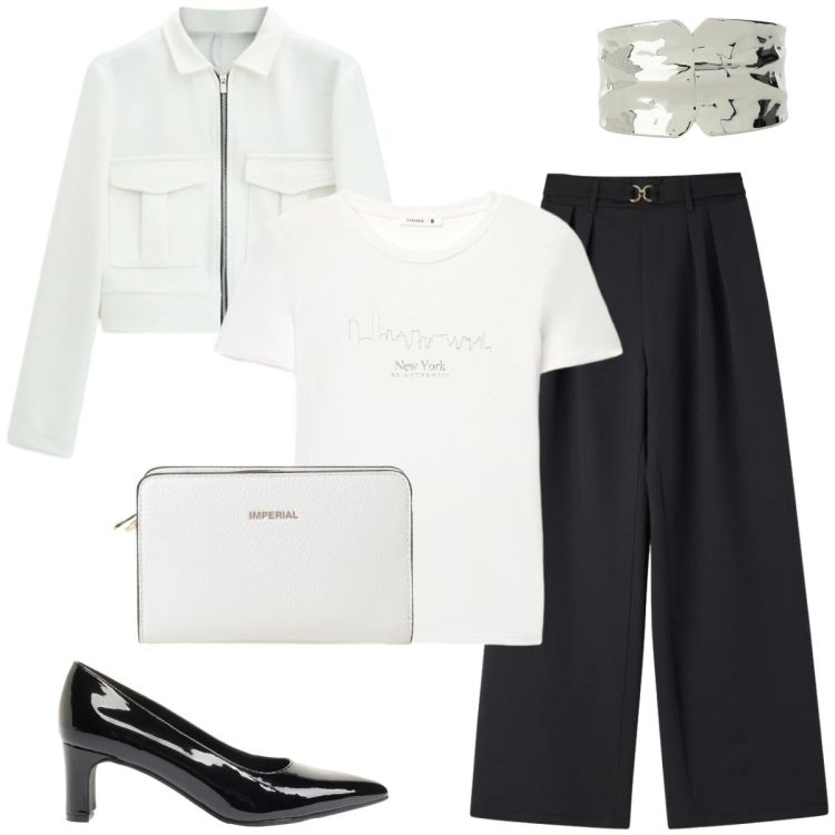 Outfit donna - Total look #2388425. Stile Casual chic per Serata fuori. Abbinamento con décolleté, pantaloni, t-shirt, cappotti, borse a tracolla, braccialetti.