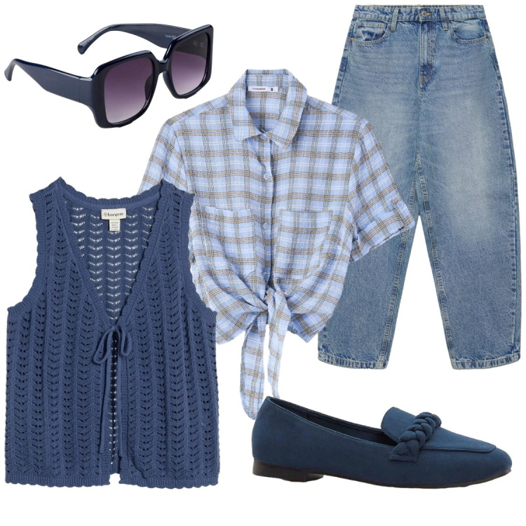 Outfit donna - Diva a quadretti e in jeans. Stile Casual chic per Tutti i giorni. Abbinamento con maglieria, mocassini, occhiali da sole, jeans, camicie a manica corta.
