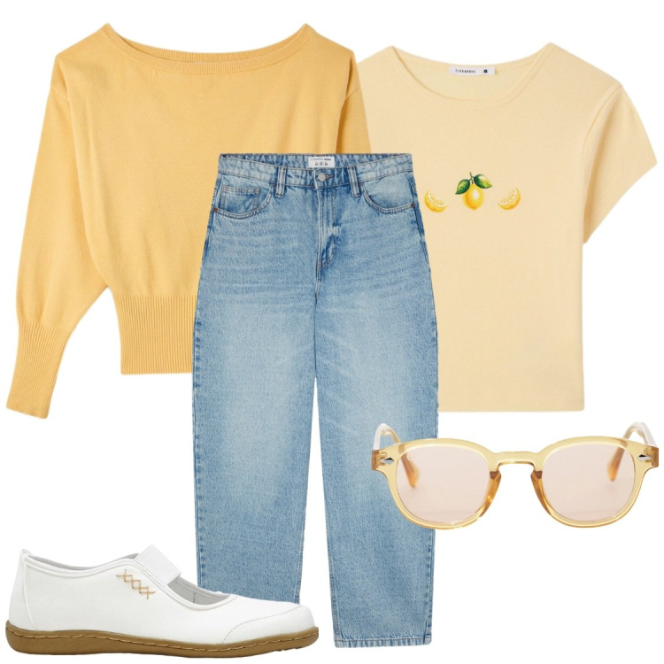 Outfit donna - Limonata al Sole e Denim Light. Stile Casual per Tutti i giorni. Abbinamento con ballerine, jeans, pullovers, t-shirt, occhiali da sole.
