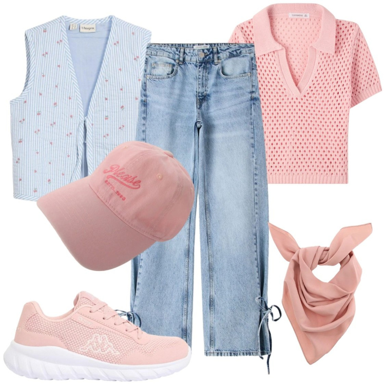 Outfit donna - Jeans ​& Big babol. Stile Casual per Tutti i giorni. Abbinamento con gilet, sneakers, polo, jeans, cappelli, foulard.