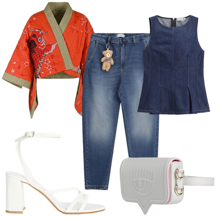 Outfit donna - Total look #2388432. Stile Trendy per Tutti i giorni. Abbinamento con marsupi, top, jeans, sandali in pelle, kimono.