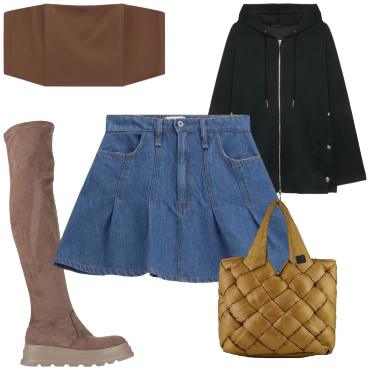 Outfit donna - Total look #2388433. Stile Trendy per Tutti i giorni. Abbinamento con stivali sopra il ginocchio, top, felpe con cappuccio, minigonne, borse tote.