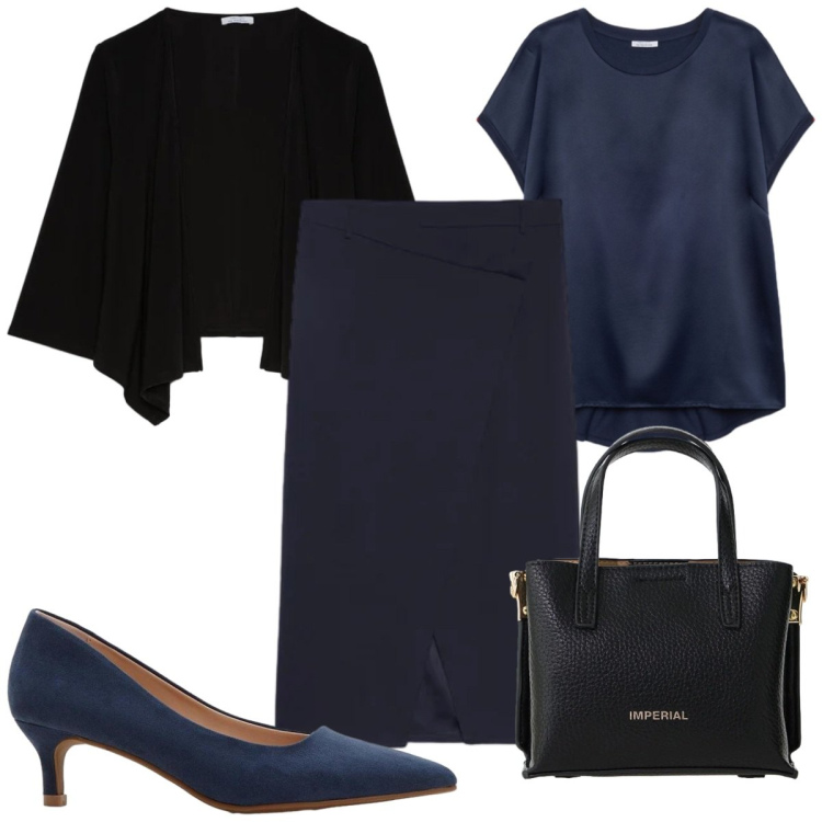 Outfit donna - Total look #2388434. Stile Chic per Ufficio. Abbinamento con décolleté, gonne longuette, bluse, blazer, borse a tracolla.