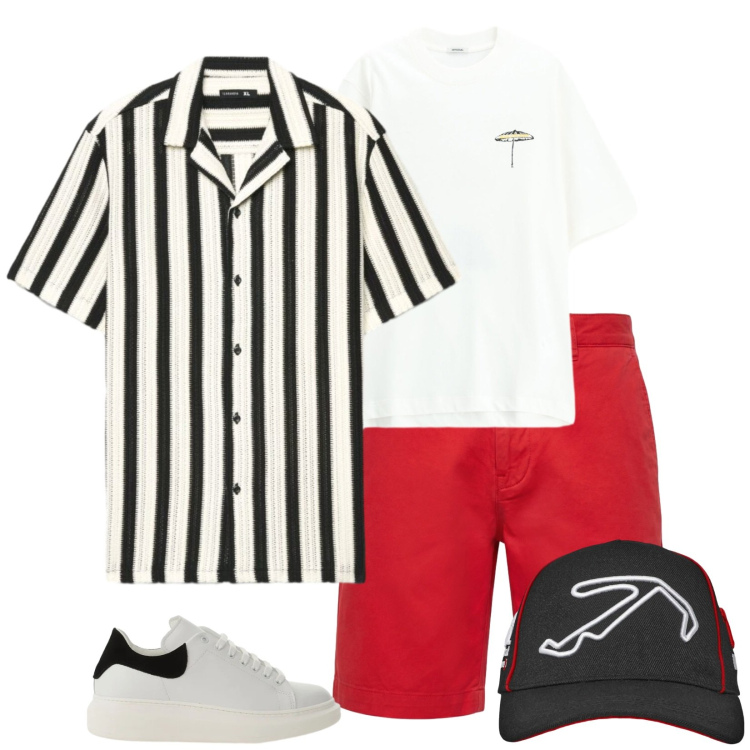 Outfit uomo - Total look #2388437. Stile Trendy per Mare. Abbinamento con cappelli con visiera, camicie a manica corta, sneakers, t-shirt, pantaloni corti.