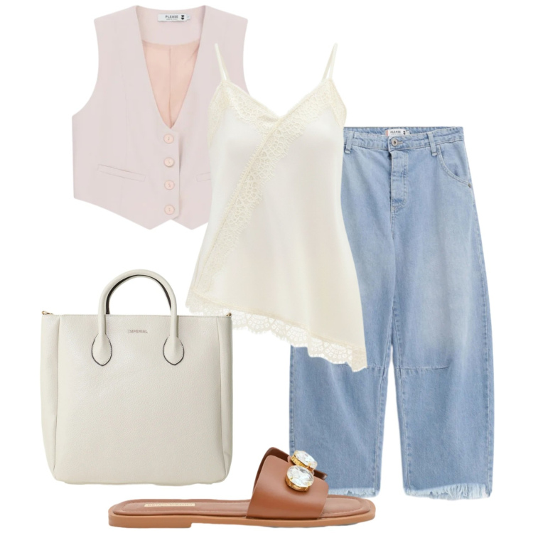 Outfit donna - Denim chiaro di primavera. Stile Bon Ton per Tutti i giorni. Abbinamento con borse a tracolla, sandali gioiello, canottiere, gilet, jeans.