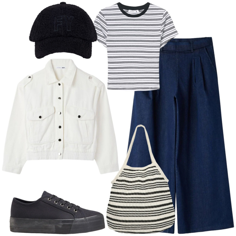 Outfit donna - Total look #2388441. Stile Casual per Tutti i giorni. Abbinamento con sneakers, t-shirt, shopping bag, jeans, cappotti, cappelli con visiera.