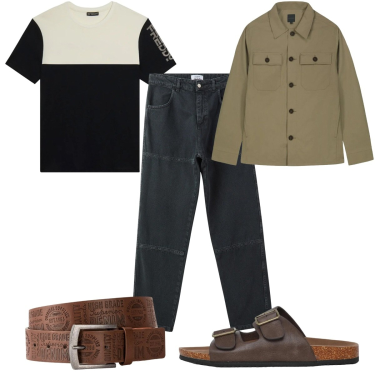 Outfit uomo - Total look #2388447. Stile Casual per Tutti i giorni. Abbinamento con cinture, pantaloni, sandali, t-shirt, cappotti.