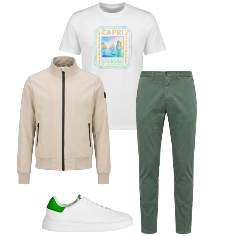 Outfit uomo - Total look #2388448. Stile Casual per Tutti i giorni. Abbinamento con t-shirt, pantaloni chino, sneakers, bomber.