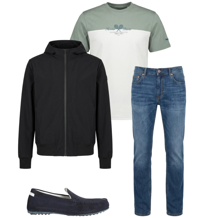 Outfit uomo - Total look #2388451. Stile Casual per Tutti i giorni. Abbinamento con scarpe stringate, t-shirt, jeans, bomber.