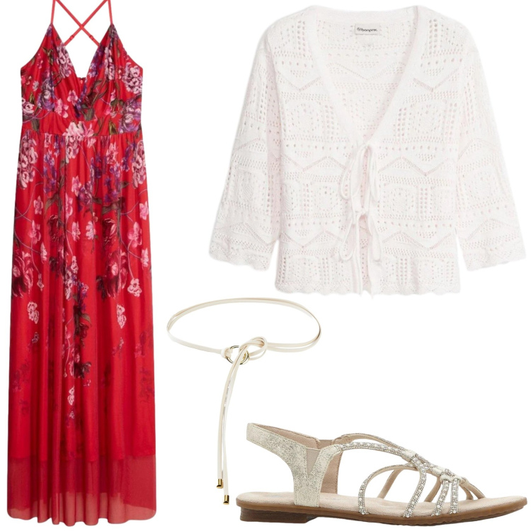 Outfit donna - Il trionfo del rosso. Stile Boho per Tutti i giorni. Abbinamento con cardigans, vestiti lunghi, cinture, sandali.