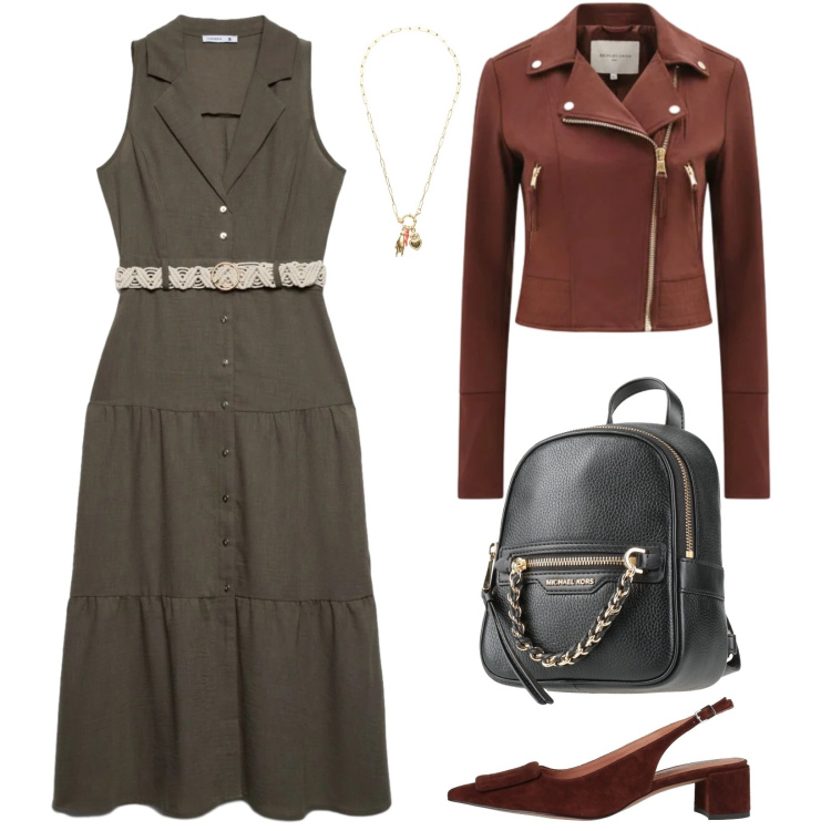 Outfit donna - Tempo libero. Stile Casual per Tutti i giorni. Abbinamento con zaini, décolleté, vestiti chemisier, giacche, ciondoli.