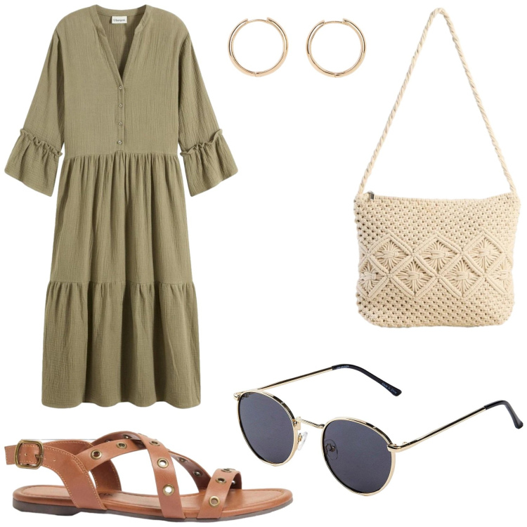 Outfit donna - Puro stile boho chic. Stile Boho per Tutti i giorni. Abbinamento con occhiali da sole, orecchini, vestiti chemisier, borse a tracolla, sandali.