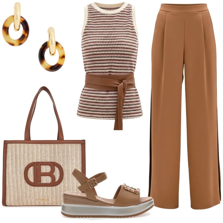 Outfit donna - Weekend by Rinascimento. Stile Casual chic per Mare. Abbinamento con canottiere, pantaloni a palazzo, orecchini, sandali, borse a spalla.