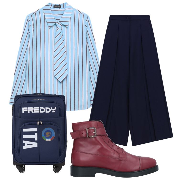 Outfit donna - Viaggio di lavoro. Stile Mannish per Ufficio. Abbinamento con stivaletti, camicie, pantaloni a palazzo, valigie.