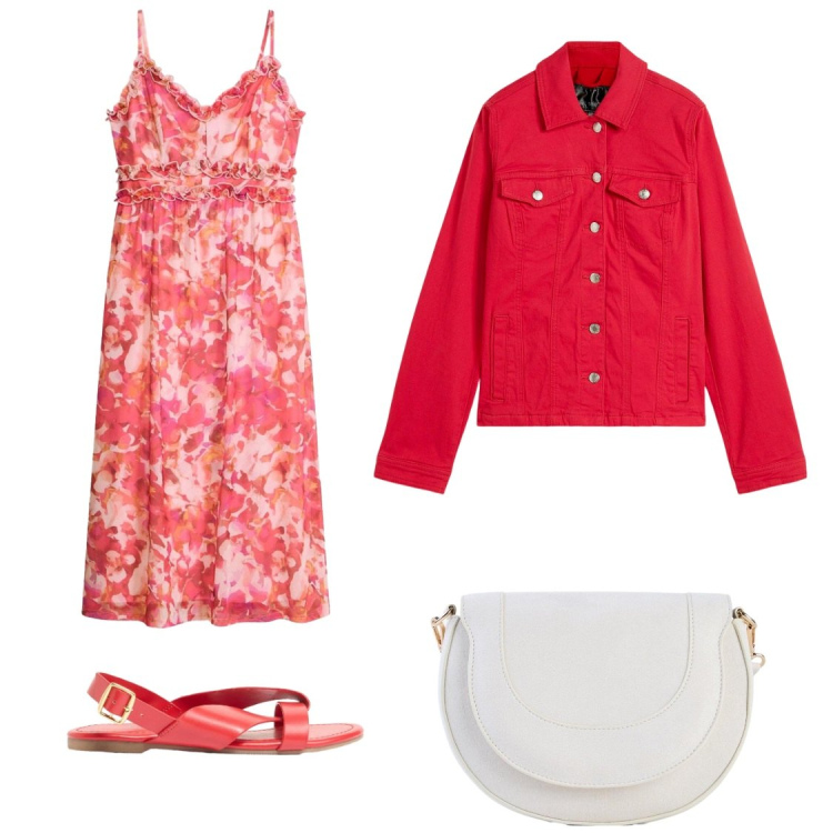 Outfit donna - ​Fiori di Campo e Denim Fragola. Stile Boho per Tutti i giorni. Abbinamento con vestiti, blazer, borse a tracolla, sandali.