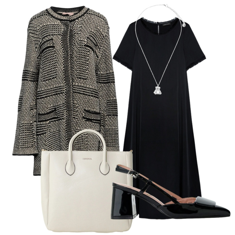 Outfit donna - Total look #2388472. Stile Minimal per Tutti i giorni. Abbinamento con cappotti, décolleté, borse a tracolla, vestiti lunghi, ciondoli.