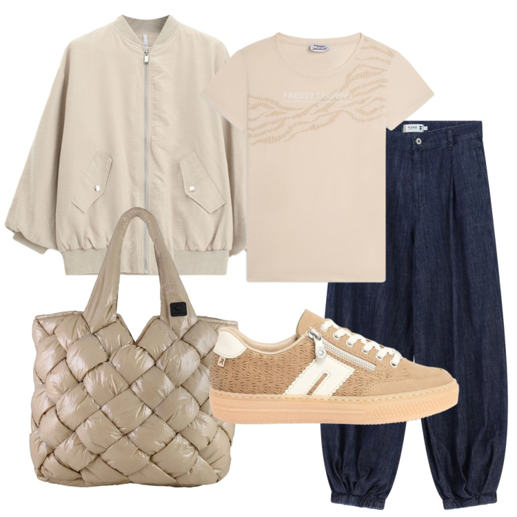Outfit donna - Total look #2388473. Stile Casual per Scuola/Università. Abbinamento con sneakers, bomber, jeans, t-shirt, borse tote.